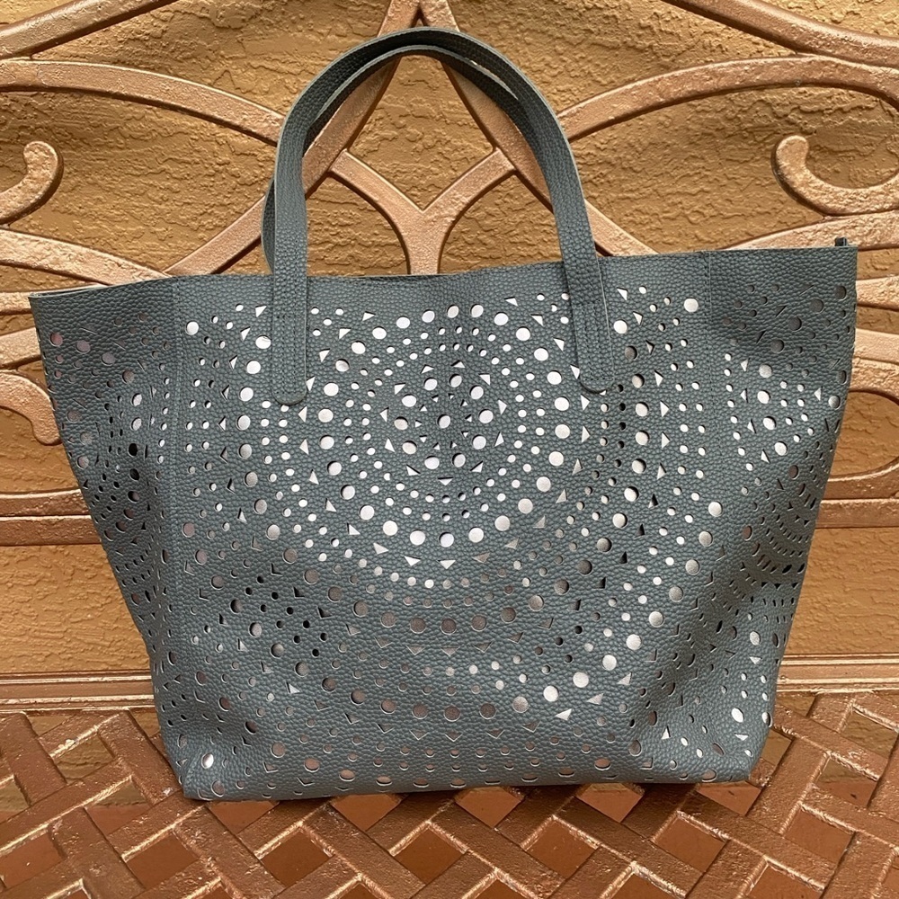 Gray and Silver Perforated Pebbled Vegan Leather Tote Bag Large Tote Bag